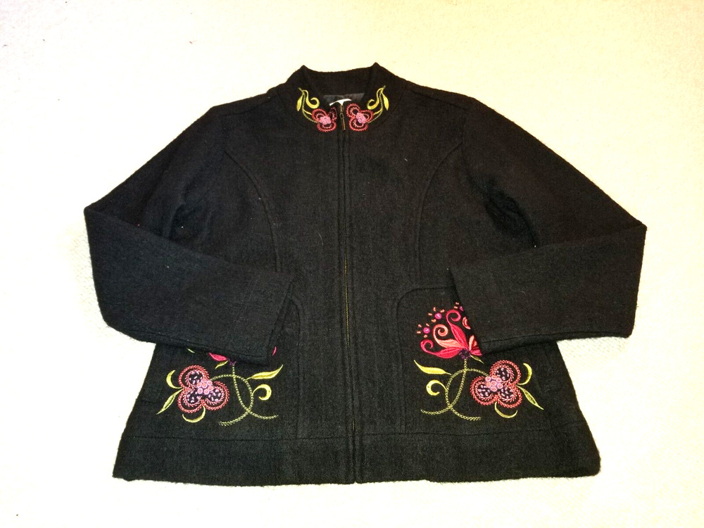 VINTAGE Womens Sweater/Jacket-CARSON-bl boiled wool embroider Icelandic design-M